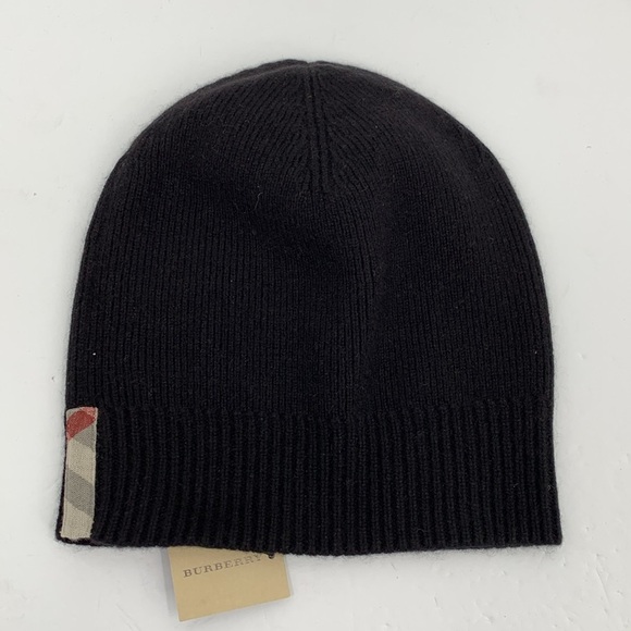 Burberry Cashmere black knitted beanie hat cap stretch Nova check plaid trim new - Picture 1 of 3